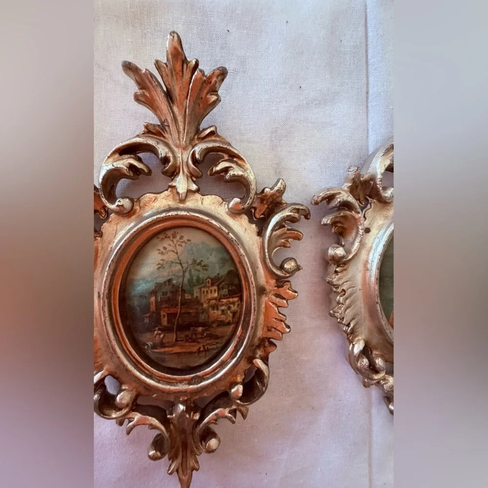 vintage Italian-style gilt gold framed silk prints